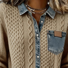 Khaki long-sleeve cable-knit shirt with denim collar and chest pocket patch