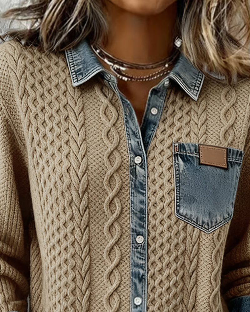 Khaki long-sleeve cable-knit shirt with denim collar and chest pocket patch