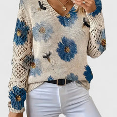 Floral knit V-neck cardigan with long sleeves and openwork sides, off-white with blue flowers