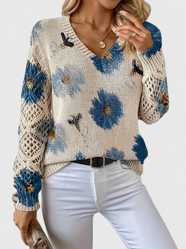 Floral knit V-neck cardigan with long sleeves and openwork sides, off-white with blue flowers