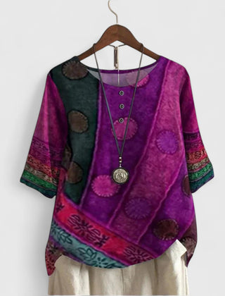 Boho patchwork tunic top with short sleeves, round button placket, magenta/purple