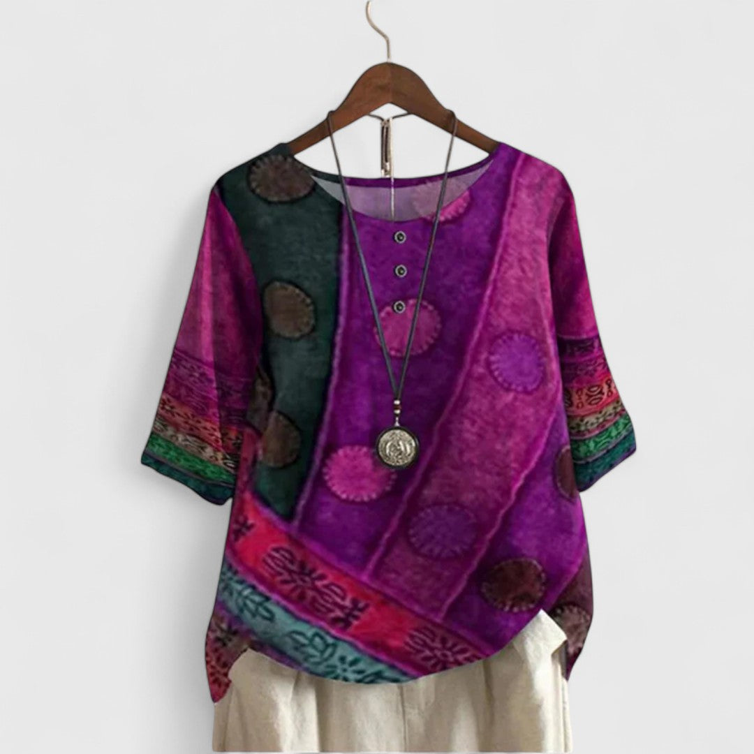 Boho patchwork tunic top with short sleeves, round button placket, magenta/purple