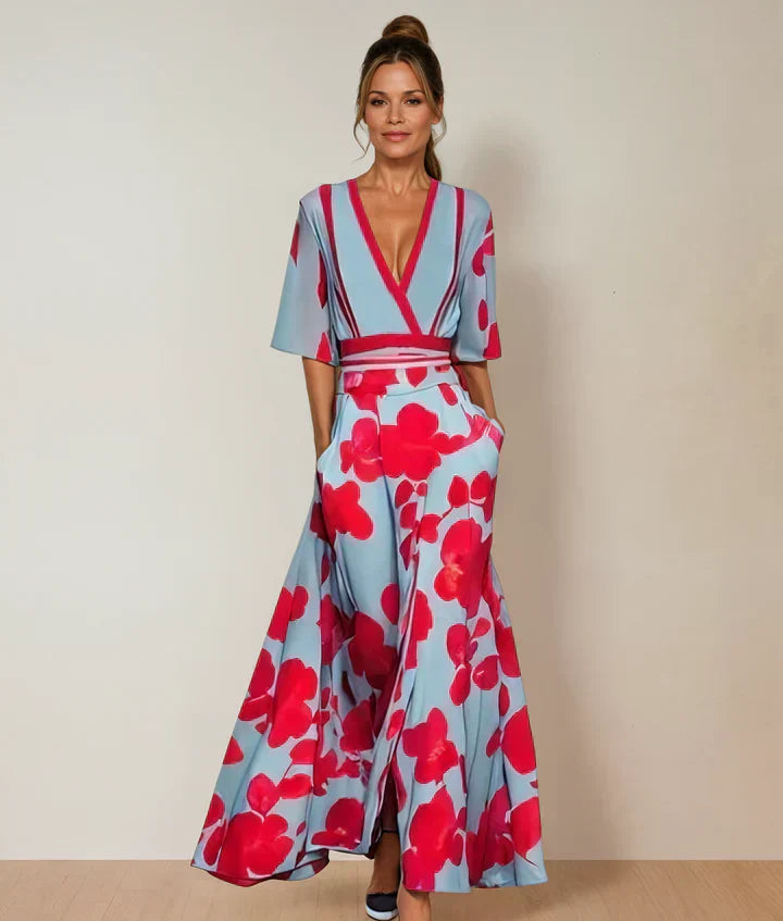 AYANA elegant sleeve maxi dress, V-neck, short sleeves, red floral on light blue
