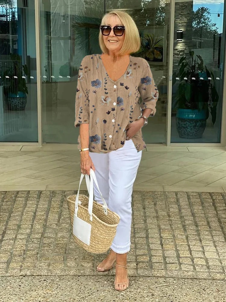 Printed button tunic top in khaki with floral pattern, three-quarter sleeves