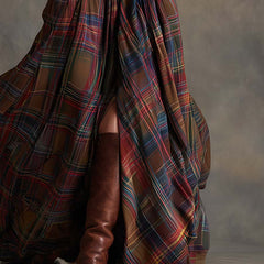 Plaid button-up shirt dress skirt with belt and front slit hem