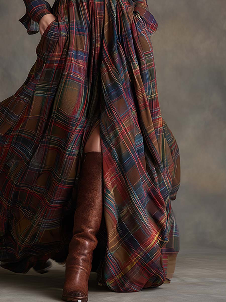 Plaid button-up shirt dress skirt with belt and front slit hem