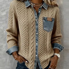 Khaki long-sleeve cable-knit shirt with denim collar, placket, and chest pocket