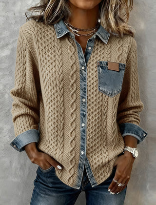 Khaki long-sleeve cable-knit shirt with denim collar, placket, and chest pocket