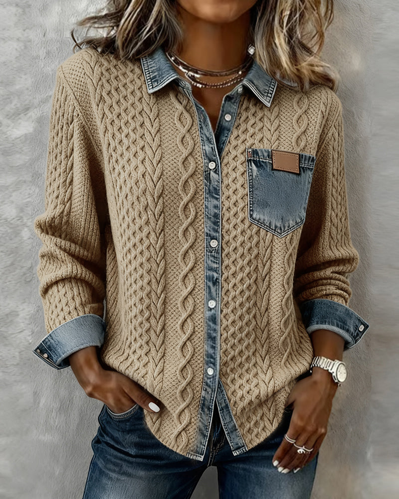 Khaki long-sleeve cable-knit shirt with denim collar, placket, and chest pocket