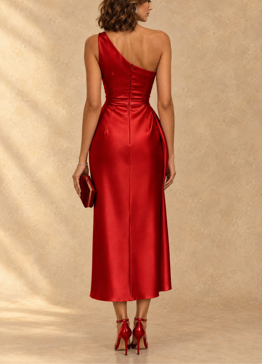 One-shoulder ruched satin midi dress back view in red, fitted waist and seam detailing