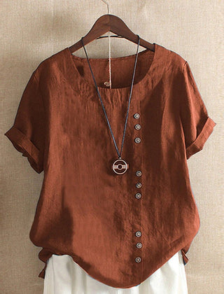 Rust-brown summer tee with V-neck, front button placket, short sleeves and pendant charm
