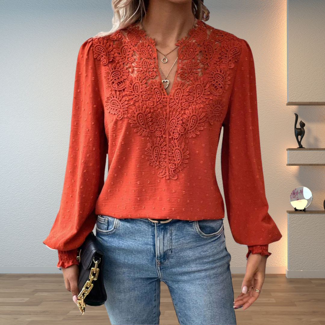 Red embroidered lightweight blouse with V-neck button placket and long puff sleeves