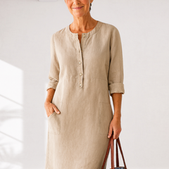 Khaki linen-look everyday dress with front buttons, three-quarter sleeves, side pockets