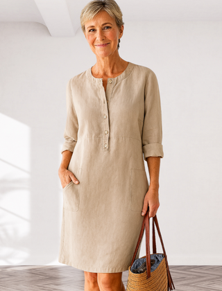 Khaki linen-look everyday dress with front buttons, three-quarter sleeves, side pockets