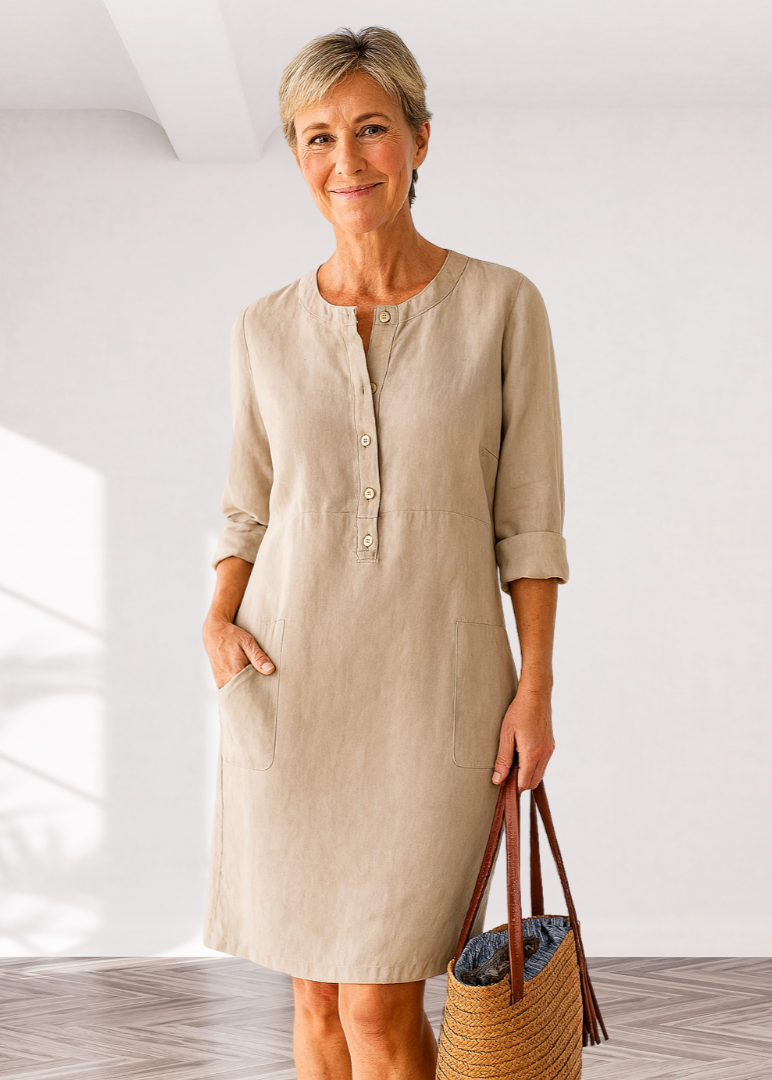 Khaki linen-look everyday dress with front buttons, three-quarter sleeves, side pockets