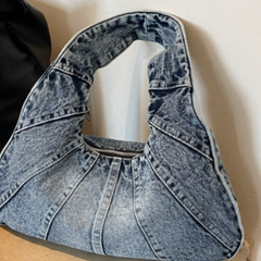 Light blue denim shoulder bag with wide handles and open top view