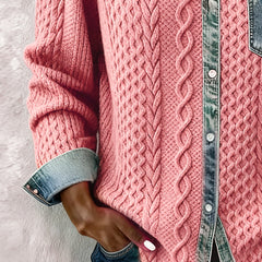 Pink long-sleeve cable-knit shirt with denim cuff and long button placket