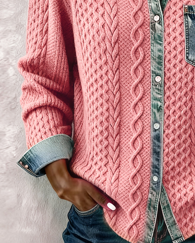 Pink long-sleeve cable-knit shirt with denim cuff and long button placket