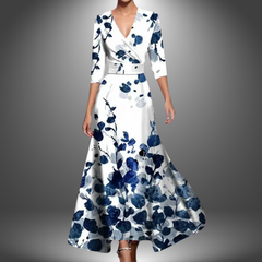 White with navy floral print V-neck half-sleeve boho maxi dress, three-quarter sleeves