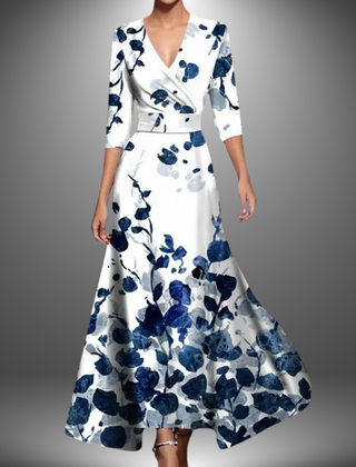 White with navy floral print V-neck half-sleeve boho maxi dress, three-quarter sleeves