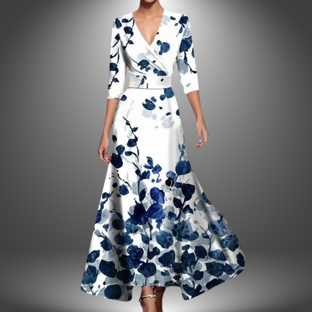 White with navy floral print V-neck half-sleeve boho maxi dress, three-quarter sleeves