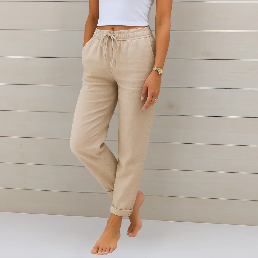 Sleek comfort trousers in khaki, elastic drawstring waist, cuffed ankle hems