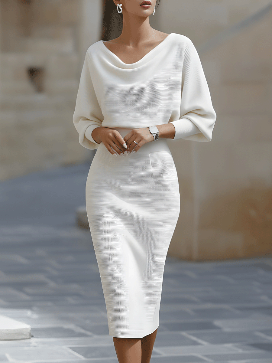 White draped midi dress with cowl neckline and loose elbow-length sleeves