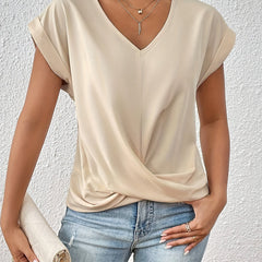 Beige sweetheart V-neck casual t-shirt with draped knot front and short sleeves