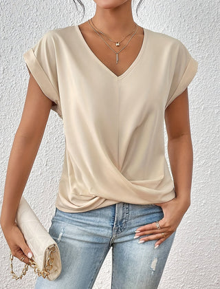 Beige sweetheart V-neck casual t-shirt with draped knot front and short sleeves