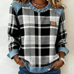 Plaid top with denim-trim neckline, long sleeves, chest patch pocket, black-and-white checks