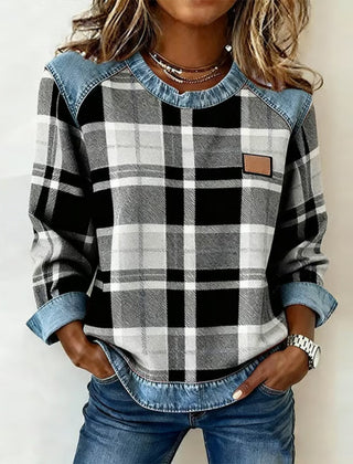 Plaid top with denim-trim neckline, long sleeves, chest patch pocket, black-and-white checks