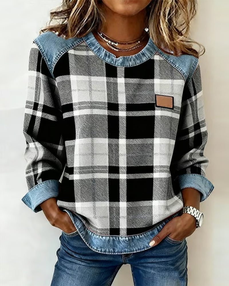 Plaid top with denim-trim neckline, long sleeves, chest patch pocket, black-and-white checks