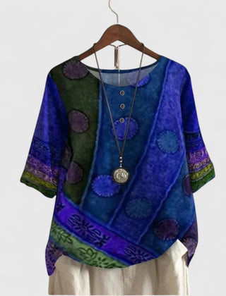 Boho patchwork tunic top with short sleeves, round button placket, navy/blue