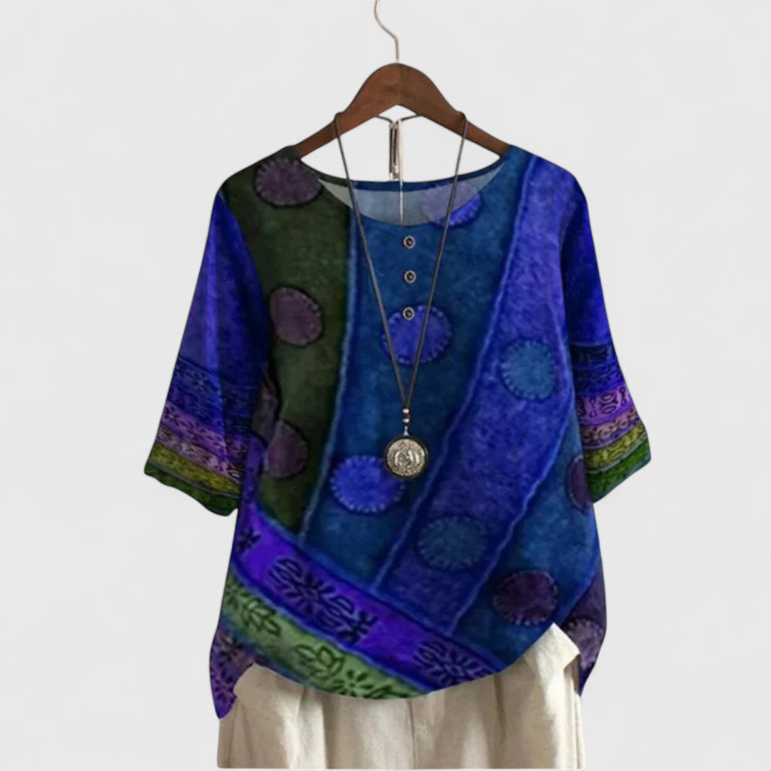 Boho patchwork tunic top with short sleeves, round button placket, navy/blue