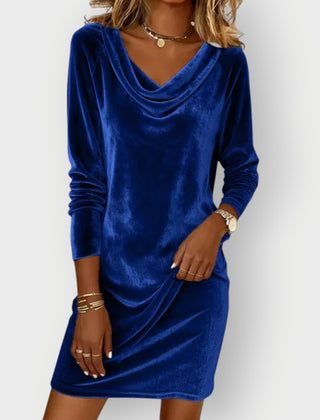 Blue velvet drape-neck mini dress with long sleeves and draped cowl neckline