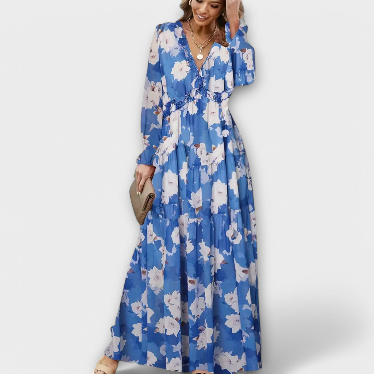 Blue and cream floral tiered maxi dress with V-neck and long sleeves