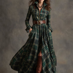 Green plaid button-up shirt dress with belt, long sleeves, chest pockets and slit