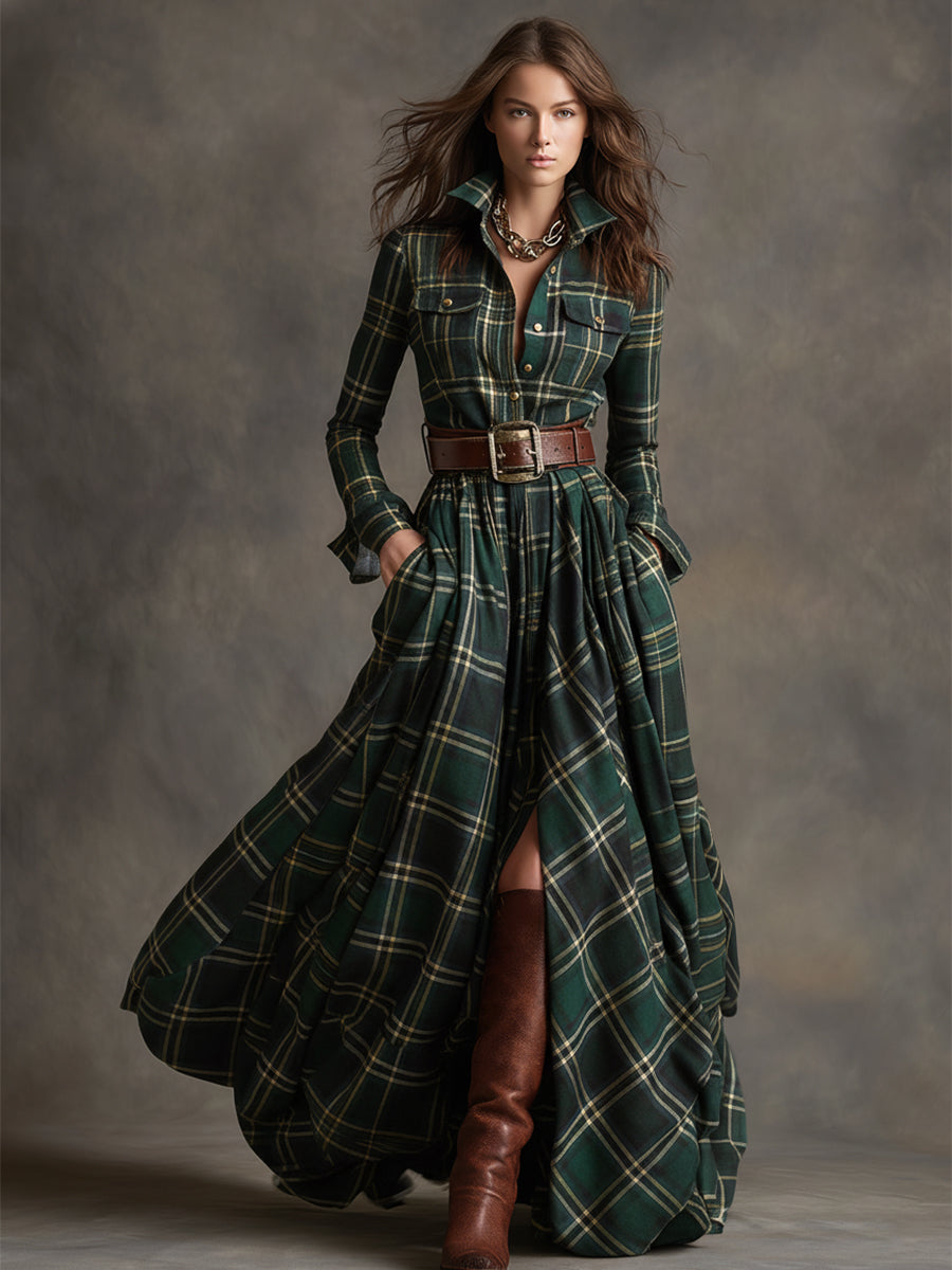 Green plaid button-up shirt dress with belt, long sleeves, chest pockets and slit