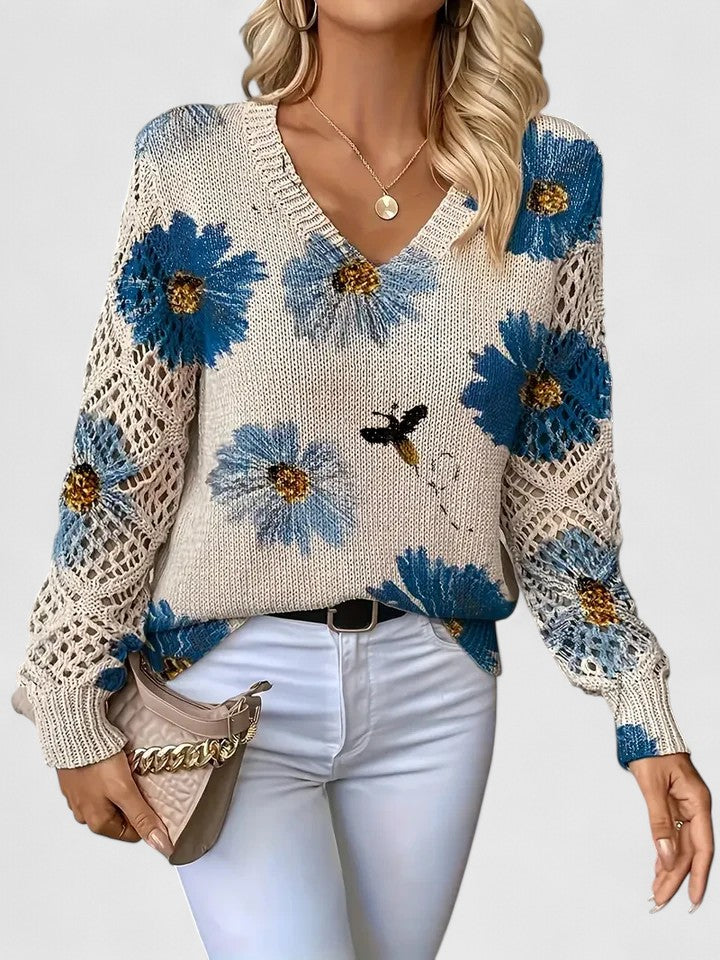 Floral knit V-neck cardigan with long sleeves and openwork crochet panels, off-white and blue