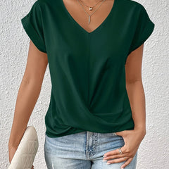 Green sweetheart V-neck casual t-shirt with draped knot front and short sleeves