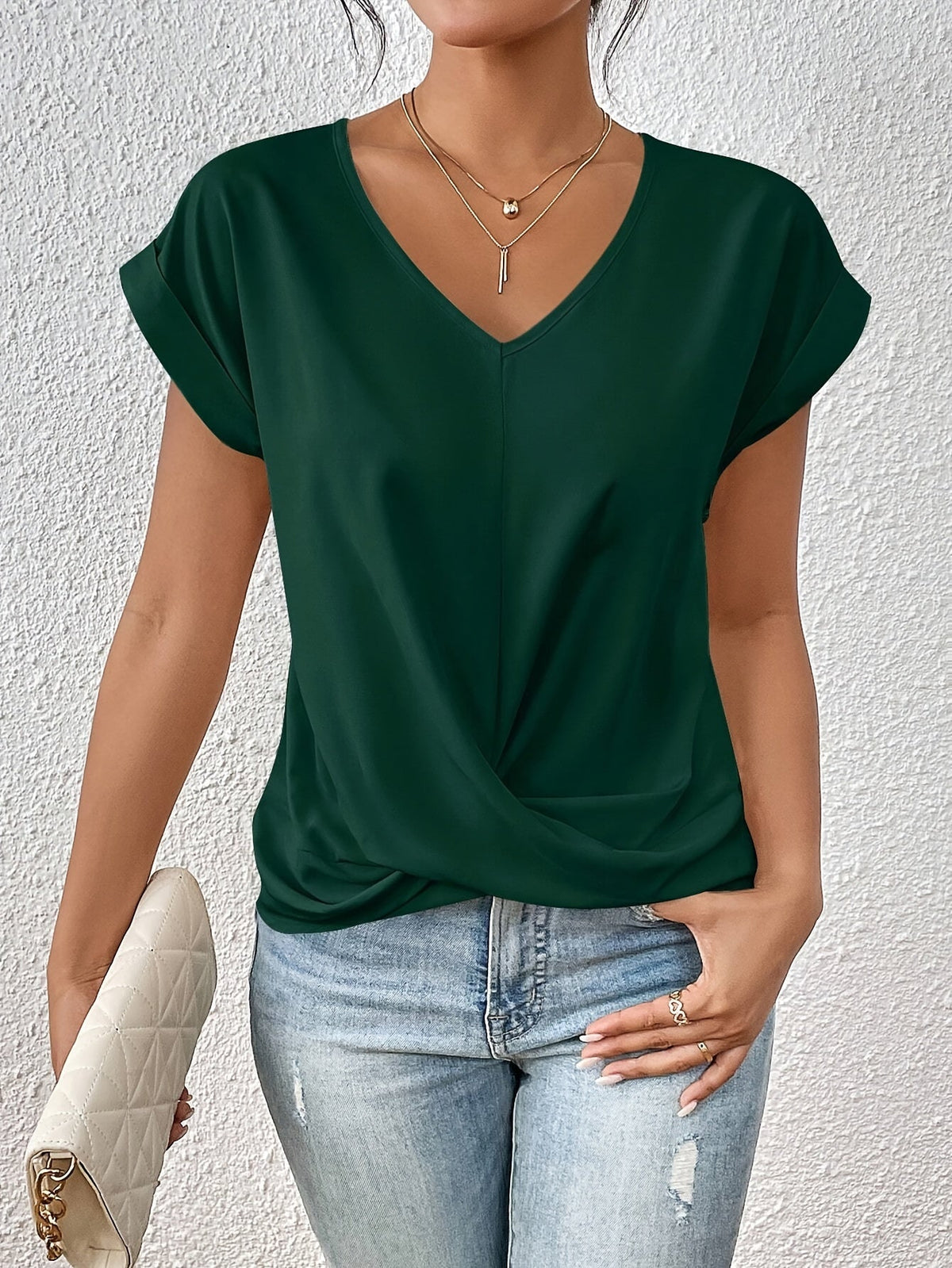 Green sweetheart V-neck casual t-shirt with draped knot front and short sleeves