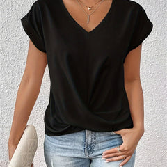 Black sweetheart V-neck casual t-shirt with draped knot front and short sleeves