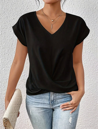 Black sweetheart V-neck casual t-shirt with draped knot front and short sleeves