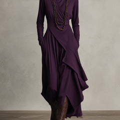 Purple asymmetrical maxi knit dress with roll neck and draped wrap front, long sleeves