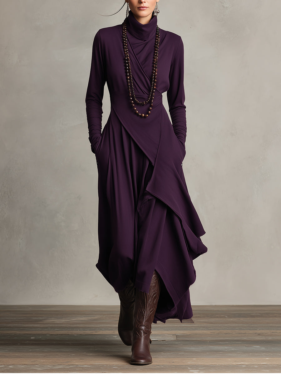 Purple asymmetrical maxi knit dress with roll neck and draped wrap front, long sleeves