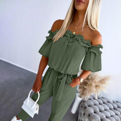CAMILA™ off-shoulder frill tie-waist jumpsuit in army green with ruffled off-shoulder