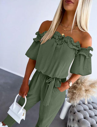 CAMILA™ off-shoulder frill tie-waist jumpsuit in army green with ruffled off-shoulder