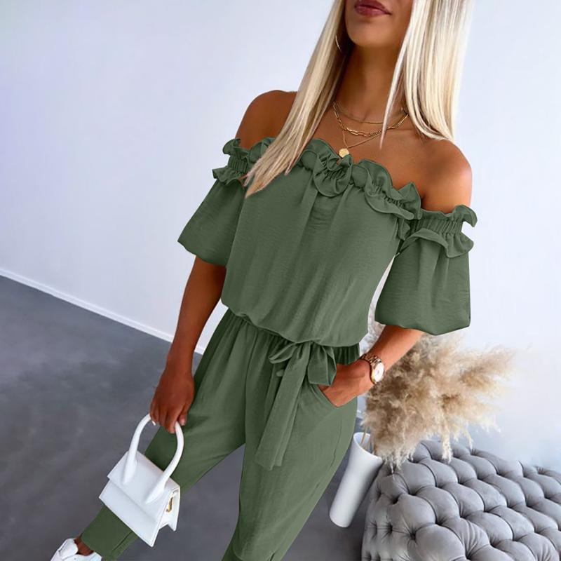 CAMILA™ off-shoulder frill tie-waist jumpsuit in army green with ruffled off-shoulder