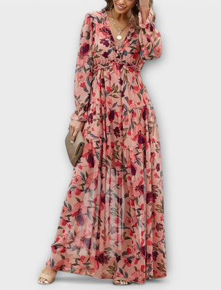 Pink floral tiered maxi dress with V-neck and long sleeves