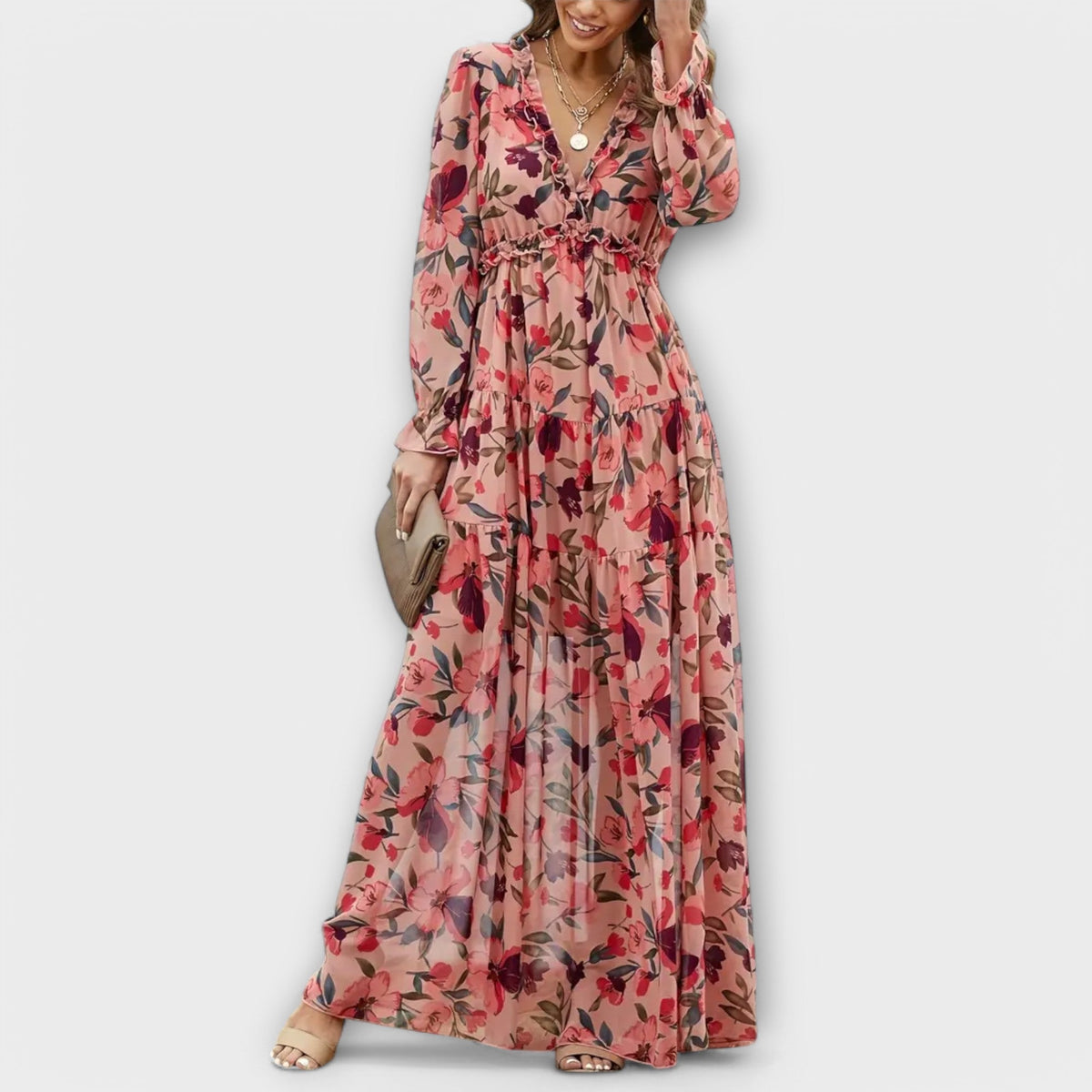 Pink floral tiered maxi dress with V-neck and long sleeves